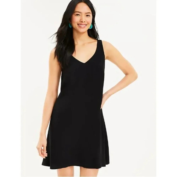 NWT LOFT Satiny Black Lined Cross Back Swing Dress Sundress M - Picture 2 of 9